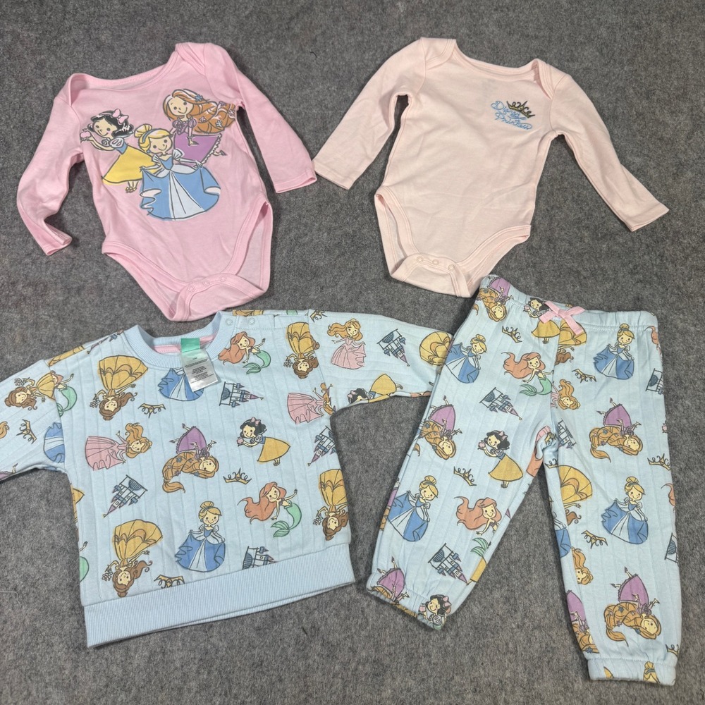 Disney Baby Princess 4pc Bundle Bodysuits and Pajamas Set Pink Blue 12M